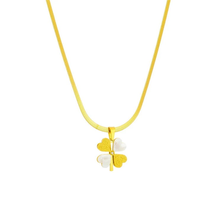 Luxe Leaf Clover Heart Necklace – Gold & White